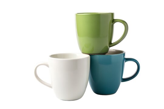 Stack of three modern ceramic coffee mugs, matte blue, green and cream colors, minimal design, isolated on white background.
