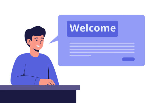 A smiling young man welcomes visitors to an intranet portal. Modern, clean design with a speech bubble and a simple welcome message. Professional and inviting.