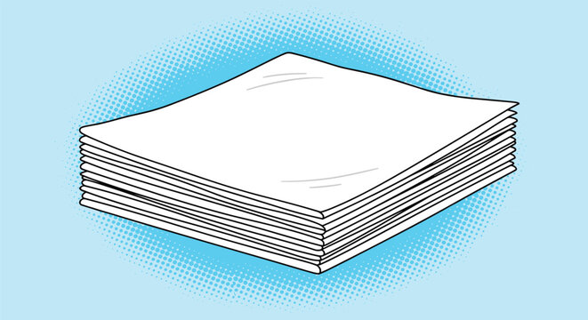Large stack of blank white paper sheets piled high on a light blue halftone background in a retro pop art comic style.