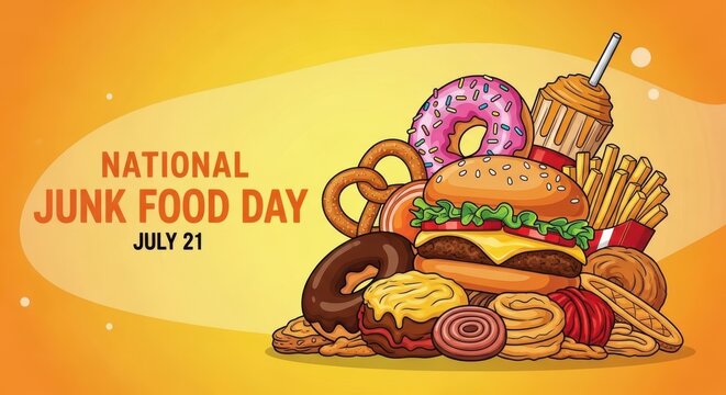 National junk food day celebration with assorted unhealthy food on july 21