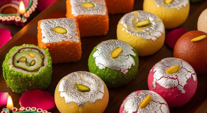 Diwali Festival Poster Background featuring a Vibrant Assortment of Traditional Indian Sweets (Mithai) Decorated with Silver Varak and Glowing Diyas.