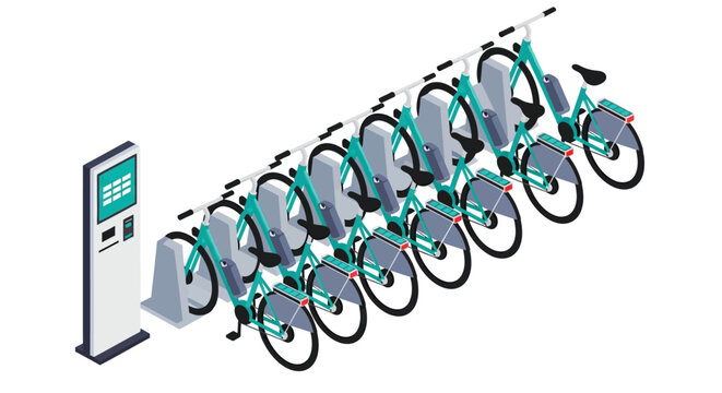 Isometric Electric Bike Sharing Station with Charging Dock and Payment Kiosk on White Background. Sustainable Urban Mobility and Eco-Friendly Transportation Concept Illustration.