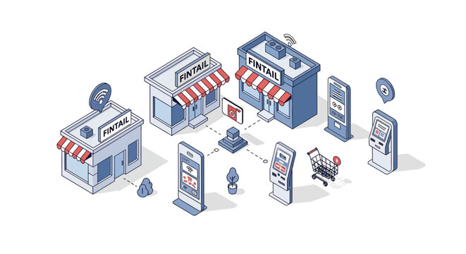 Isometric Smart Retail Ecosystem with Fintech Integration and Digital Shopping Kiosks