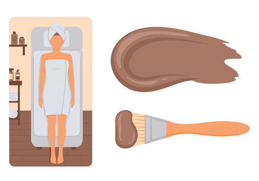 A serene mud wrap spa treatment. A woman relaxes with a mud mask, brush, and towels in a spa setting. Clean, modern, and inviting.
