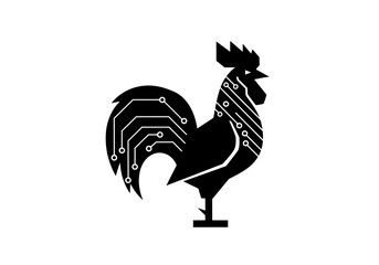 Digital rooster silhouette with circuit board pattern in black © Basar
