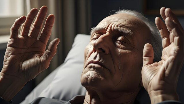 Elderly man with eyes closed and hands raised in a moment of prayer, reflection, or meditation, bathed in natural light