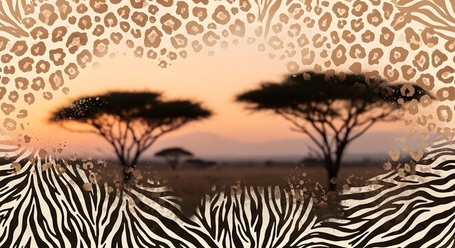 African Savannah Sunset with Animal Print Borders.