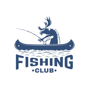 Moose fishing in canoe badge vector illustration with lake and rod vintage outdoor adventure design fishing club emblem for t shirt print sticker isolated background