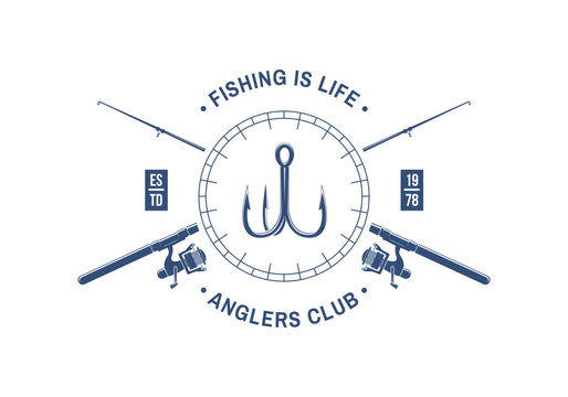 Fishing badge vector illustration with hook and crossed rods anglers club emblem vintage outdoor adventure design for t shirt print sticker isolated background