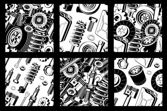 Set of auto service seamless pattern or background. Vector. For expert service car repair center, restoration and car club with wrench, gears, spark plug, skull, automobile tools pistons silhouette