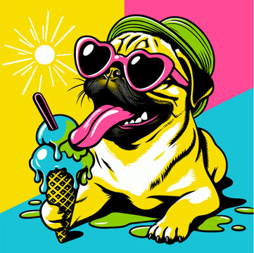 Pug with Melting Ice Cream &ndash; Tongue Out Summer Heat Pop Art Vector Illustration