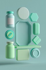 Fototapeta premium Minimal pharmacy product containers floating and aligning on shelf with empty central space