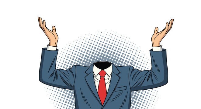 Surreal image of a headless businessman in a blue suit with a red tie raising his hands up on a halftone background.