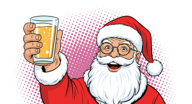 Happy Santa Claus holding up a tall glass of cold beer for a holiday toast against a pink halftone background.