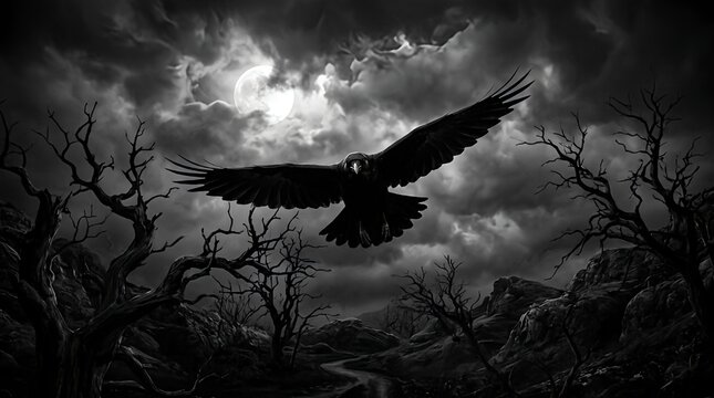 Gothic black raven flying in moonlight, dark crow silhouette over spooky dead trees, dramatic mystical night sky with full moon and clouds