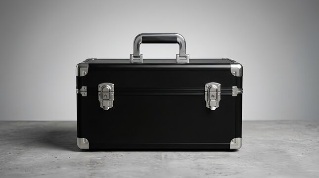 Professional black aluminum hard case with chrome hardware, heavy duty protective equipment briefcase, industrial tool box on concrete surface