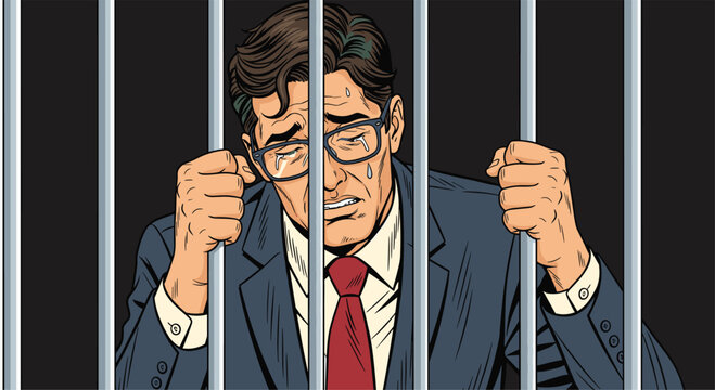 Devastated businessman in a suit and glasses crying while holding onto prison bars against a dark black background.