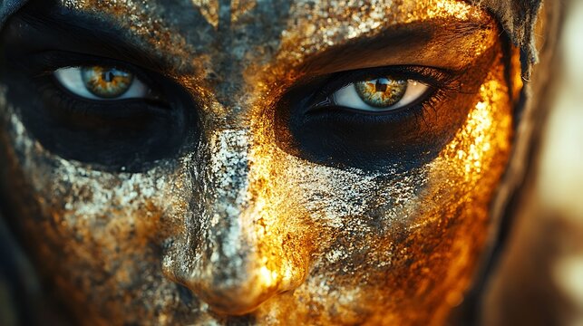 Fierce Warriors Golden Masked Face with Intense Eyes, and Mystical Power.