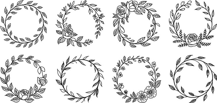 Vintage floral wreath set, 8 illustrations, black and white, leafy border designs, decorative frames