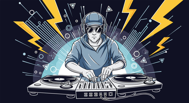 Talented disc jockey in cool sunglasses and cap mixes high-energy music on professional turntables with glowing lightning background.