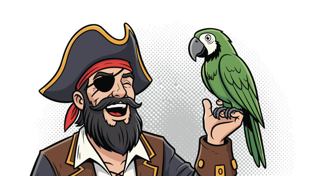 Jolly pirate wearing traditional tricorn hat and eye patch laughs heartily while holding a green parrot on his hand in comic style.