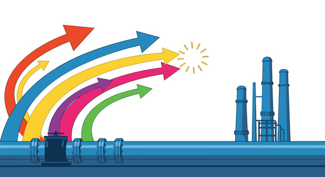Multi-colored arrows rise in a curve from a blue pipeline towards an industrial factory symbolizing production growth and efficiency.
