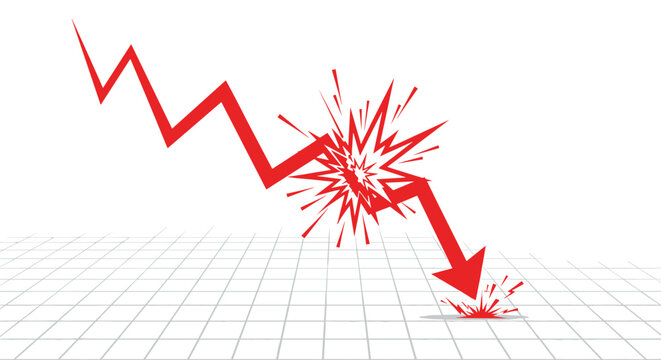 Dramatic red graph arrow crashing down through the floor with explosions representing economic failure or financial market collapse.
