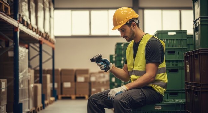 Male warehouse worker in safety gear scanning inventory with barcode scanner