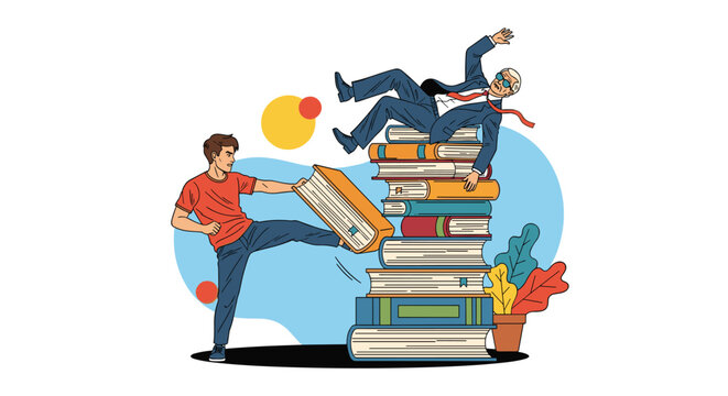 Rebellious young man kicks a tall stack of books causing a businessman to fall off, symbolizing a rejection of traditional education.
