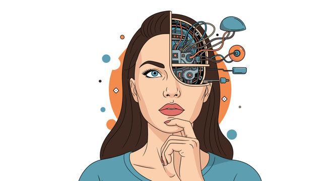 Stunning woman in a thoughtful pose with half of her head revealing complex robotic parts and wires, representing artificial intelligence.