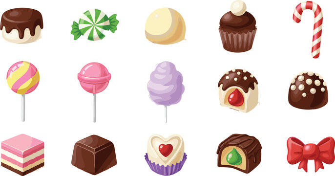 Candy and Sweet Treats Collection with Lollipops, Chocolates, Cupcakes, and Sweets for Dessert and Confectionery Designs