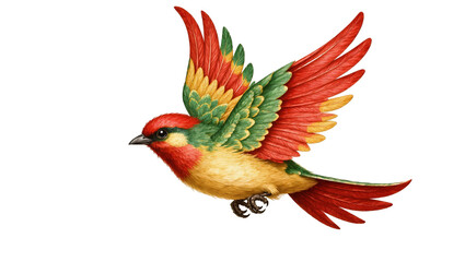 Obraz premium Red Green Yellow Feathered Bird Flying with Extended Wings