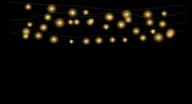 Warm string lights arranged in a diagonal pattern against a dark night sky background.