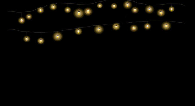 Loose arrangement of warm-toned string lights forming an irregular line against a black void.