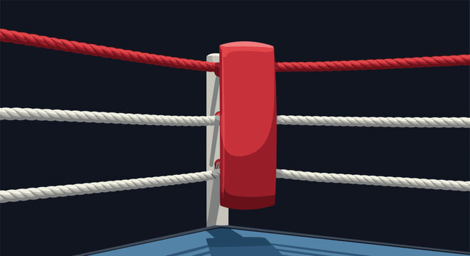 Empty corner of a professional boxing ring with red and white ropes and a blue floor set against a dark background for sports events.