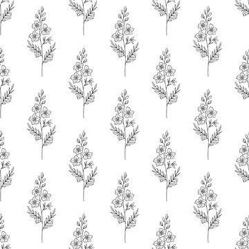 Floral seamless pattern with July birth month flower larkspur in black line art style, hand drawn botanical outline illustration. Monochrome drawing for background, packaging, textile or wallpaper.