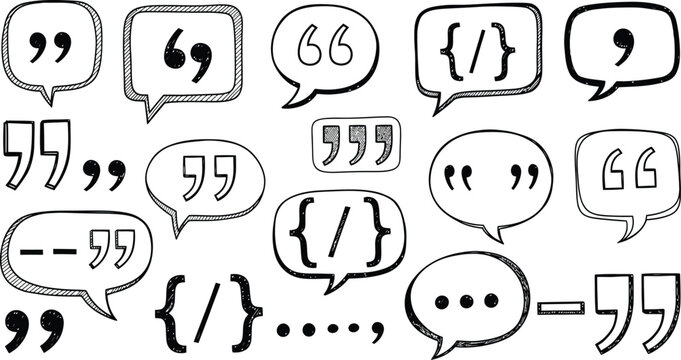Hand drawn speech bubbles and quotation marks collection in black and white