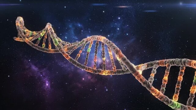 DNA helix structure floating in the vast space against a backdrop of twinkling stars and celestial phenomena
