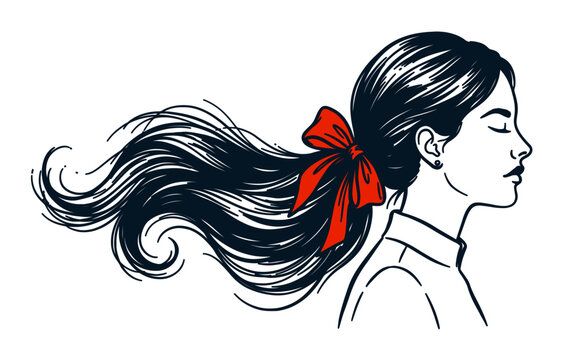 Profile of woman with flowing hair tied with a red ribbon