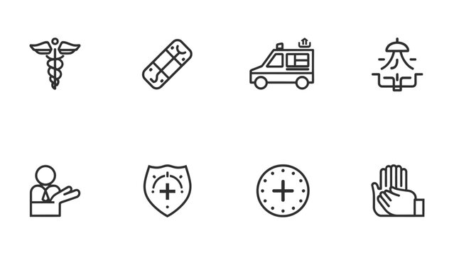 Healthcare Icons: A collection of concise line art icons representing essential aspects of healthcare, from medical symbols to ambulance.
