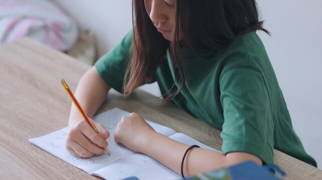 Selective focus portrait of an Asian kid improving her writing skills. The young student is focused on her textbook assignment, representing homeschooling, diligent study, and modern education.