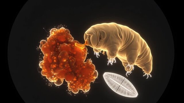 Tardigrade Water Bear Feeding on Microscopic Organisms 3D Illustration. 4K Video