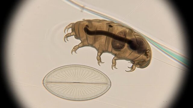 Microscopic View of a Tardigrade Water Bear and a Diatom Shell. 4K Video