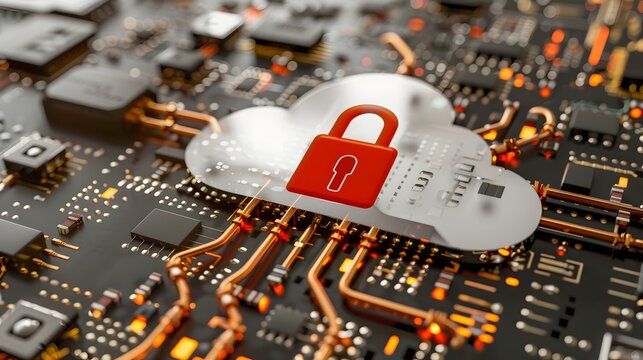 Secure cloud storage concept with padlock on circuit board cybersecurity technology
