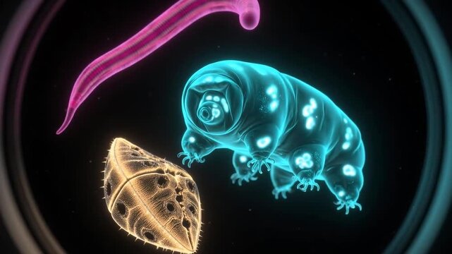 Tardigrade Water Bear and Microorganisms under Microscope View. 4K Video