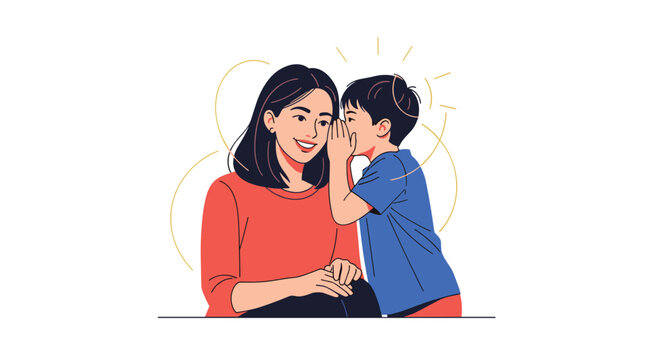 Young boy whispering a secret into his mother's ear while she listens with a gentle smile in a cozy home setting.