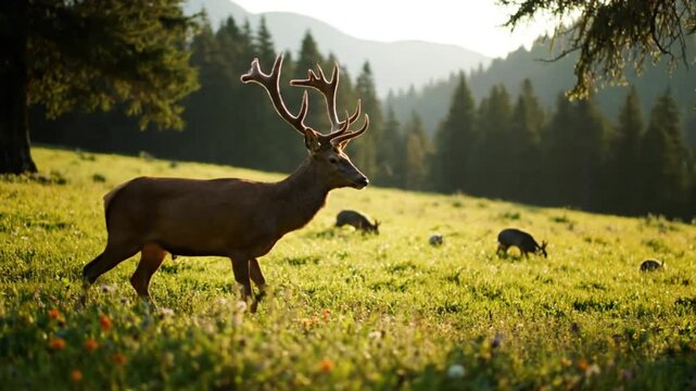 Majestic stag with large antlers gracefully walking through a sunlit meadow with grazing deer and a forest backdrop