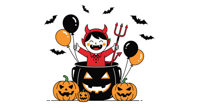 Happy child in a devil costume popping out of a large jack-o-lantern cauldron surrounded by bats and balloons.