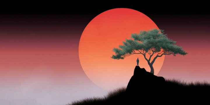 a red sun sets behind the silhouette of an old tree, a man stands on top of it