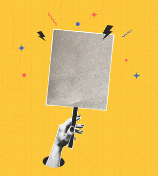 Halftone hand holding blank placard on stick. Collage design of arm and paper sign for text for protesting, demonstration or advertising. Vector.